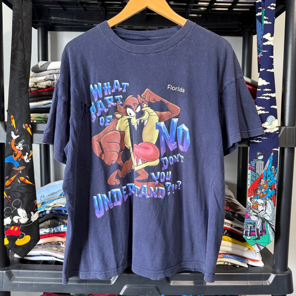 Y2K Navy Looney Tunes Taz What Part Of No Florida Tee XL Thrashing